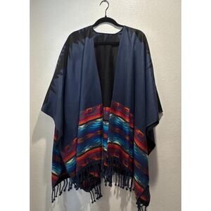 Unbranded OS Navy Southwestern Poncho Wrap Festival Boho Western Art To Wear